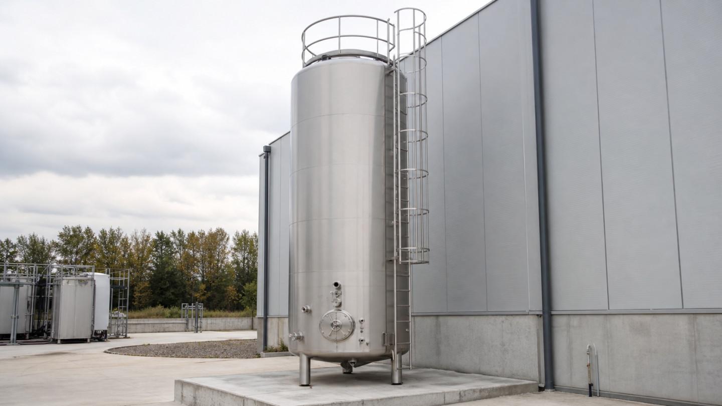 Vertical steel tank with ladder and platform beside a production hall.